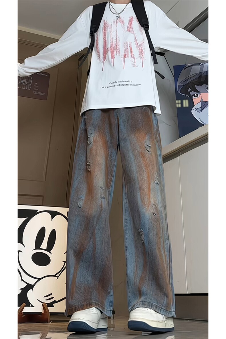 复古嘻哈高街裤子男秋季新款扎染破洞直筒牛仔裤-A1189TP45控65,男装牛仔裤,电商B241