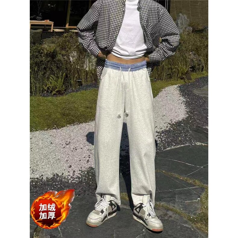花灰色腰部拼接卫裤男款秋冬假两件青少年酷帅裤子美式直筒休闲裤,男装休闲裤,星座506A