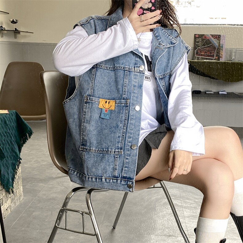 A352-P58牛仔马甲春夏新款宽松笑脸设计感无袖坎肩上衣男女潮,男装背心/马甲,星座911
