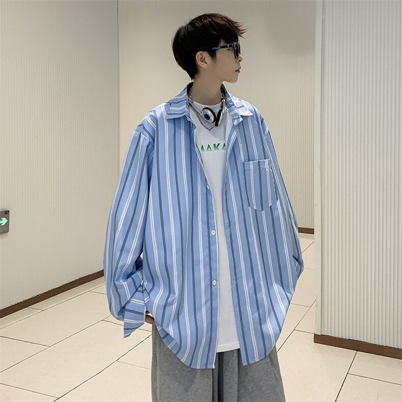 条纹衬衫男长袖日系复古宽松休闲衬衣学生痞帅百搭外套潮RC92-p40,男装衬衫,星座1008