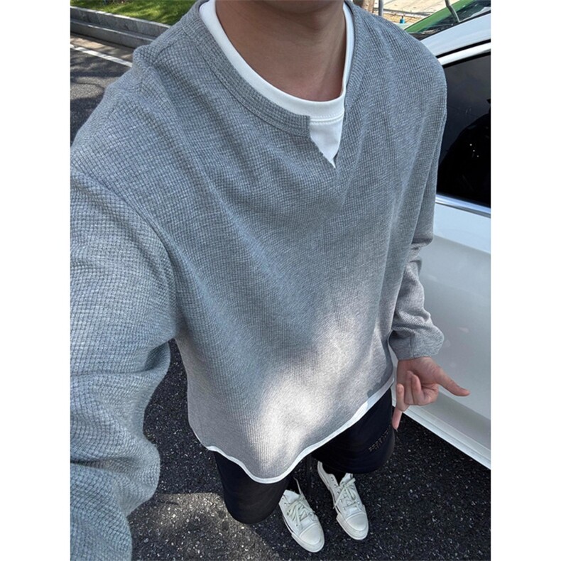 华夫格长袖T恤男秋季假两件休闲打底衫美式复古卫衣TW61-P33,男装T恤,星座208-5