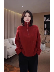 2025年秋季时尚百搭通勤简约休闲高琳半拉链毛衣，女装针织衫/毛衣，米咔羊绒