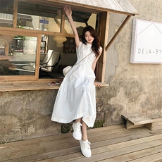 气质大方白色无袖衬衫连衣裙女夏2025新款高级设计感小众收腰长裙，女装连衣裙，2C159