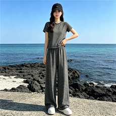 女夏季新款时尚休闲套装欧货圆领条纹短袖上衣高腰阔腿长裤两件套，女装套装/套裙，江南