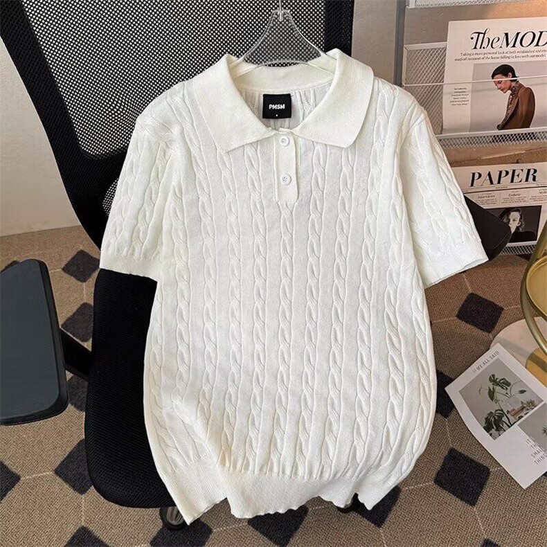 高品质百搭时尚ins潮流美式复古小马翻领宽松麻花短袖针织POLO衫,男装T恤,星座410-6（原星座1304-1）