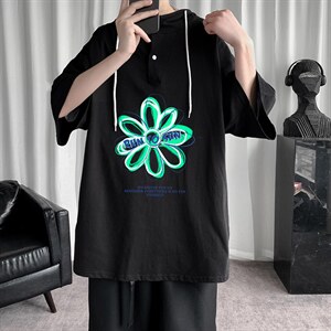 LD54170-P45 连帽短袖t恤男大码胖子带帽五分袖中袖图片