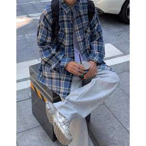 CS301-P35 美式潮牌蓝色长袖格子衬衫男女生宽松百搭复古休闲图片