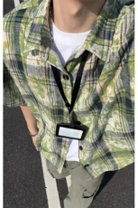 美式扎染格子衬衫短袖男女同款夏季衬衣半袖外套DC2240-特价P25，男装T恤，电商A007