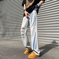 抖音品质美潮设计感高街破洞撞色洗水牛仔裤313A-1-NZ039-P65控78，男装牛仔裤，星座808A-1