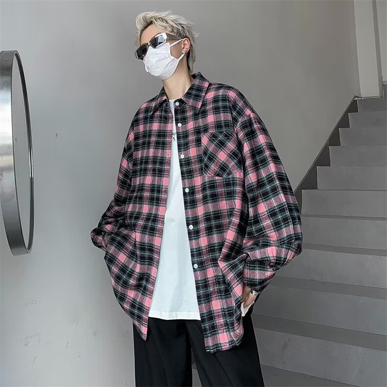 港味长袖防晒衬衣男女秋季慵懒风休闲宽松显瘦格子衬衫外套上衣,男装防晒衣,星座716-2