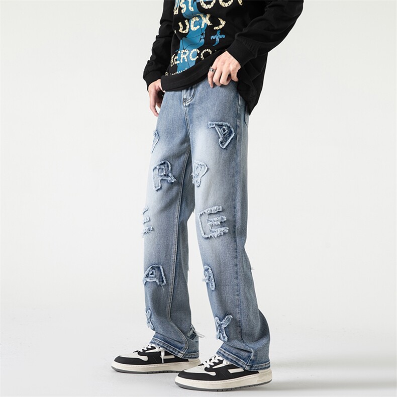B221美式ins高街小众重工艺字母直筒牛仔裤LK23025-P60控78,男装牛仔裤,电商B221