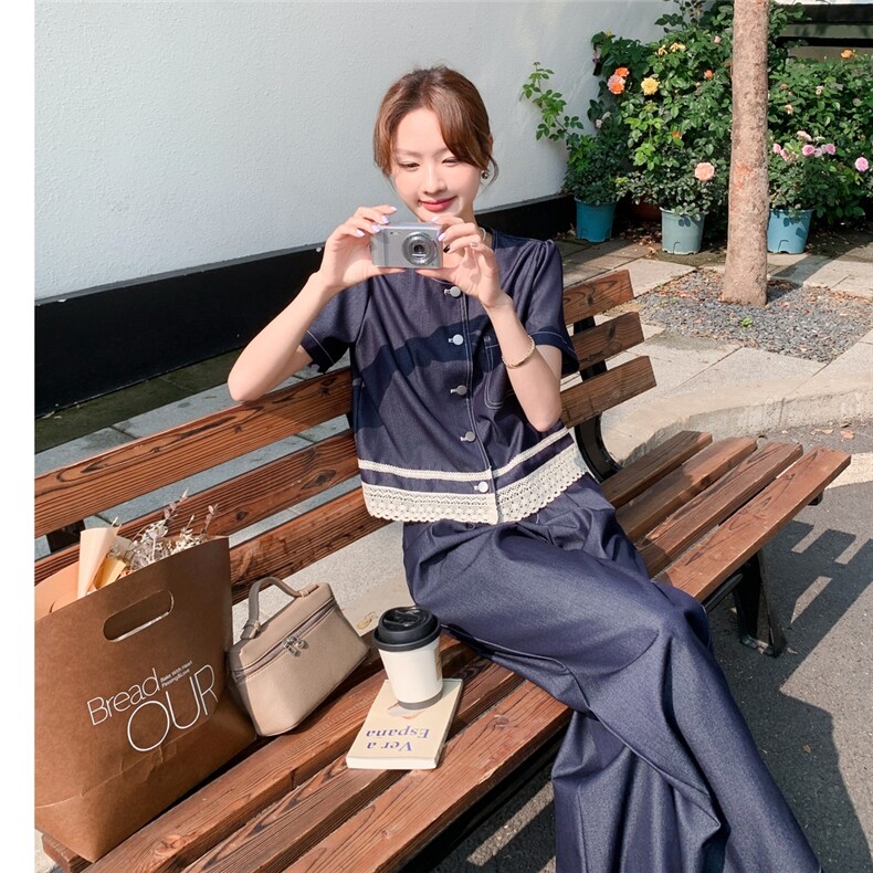 深蓝色蕾丝拼接短袖上衣阔腿裤套装女2025夏新款韩系慵懒风两件套,女装套装/套裙,2C177