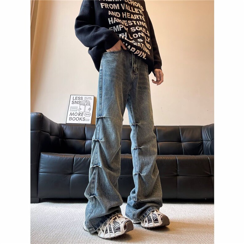 【有货】DN8015-P55美式侧边褶皱水洗做旧微喇叭牛仔裤男复古裤,男装牛仔裤,星座603-2