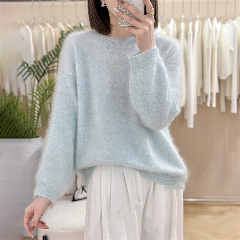 复古山羊绒衫女圆领宽松针织衫毛衣外套，女装羊绒衫，仟禧羊绒
