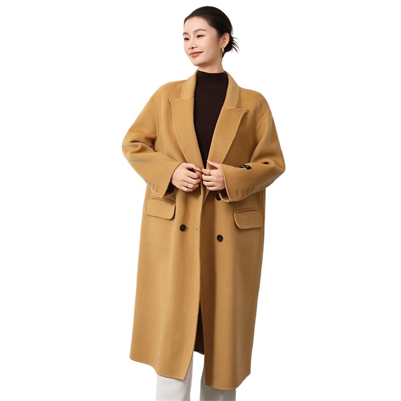 时尚百搭秋冬新款羊毛女士双面呢大衣显瘦气质长款外套,女装双面呢大衣,岳达羊绒