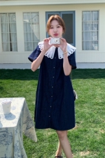 甜美娃娃领拼接牛仔连衣裙女夏2025新款小个子减龄超火学院风爆款，女装连衣裙，2C115