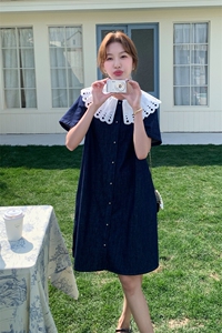 甜美娃娃领拼接牛仔连衣裙女夏2025新款小个子减龄超火学院风爆款图片