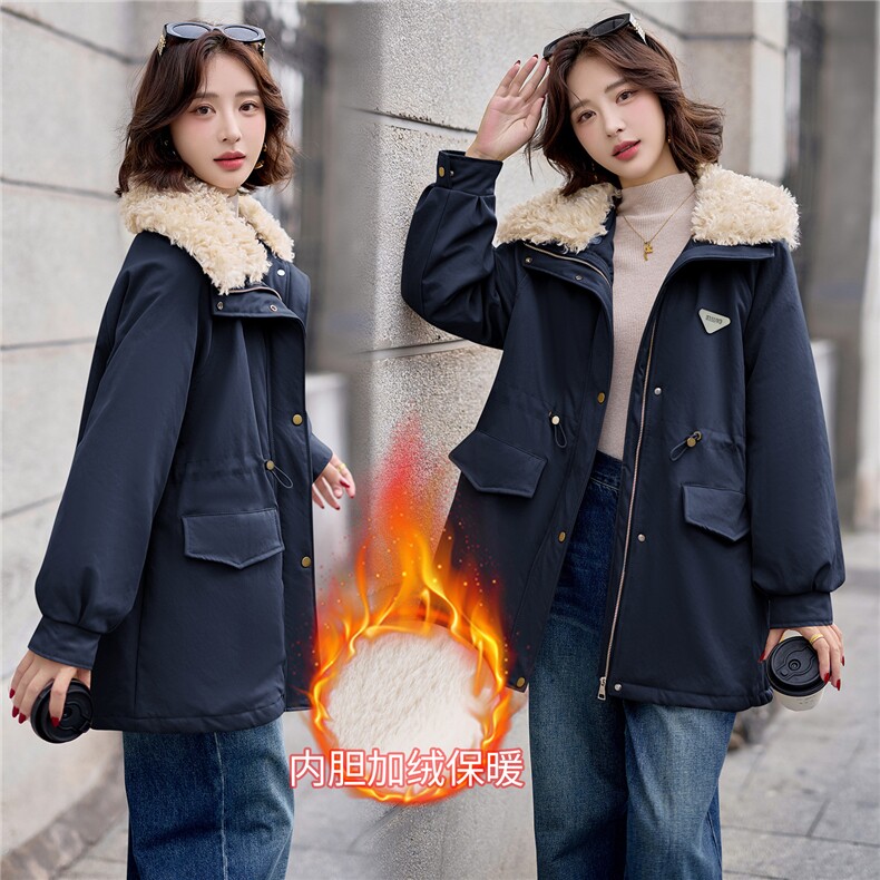 9113时尚中长款加绒加厚外套（毛领可脱卸）,女装派克服,依路服饰