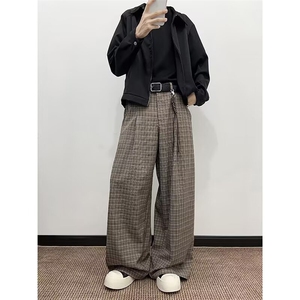 现货美式复古格纹阔腿休闲裤男秋季新款高级感拖地裤子-A2312TP45图片