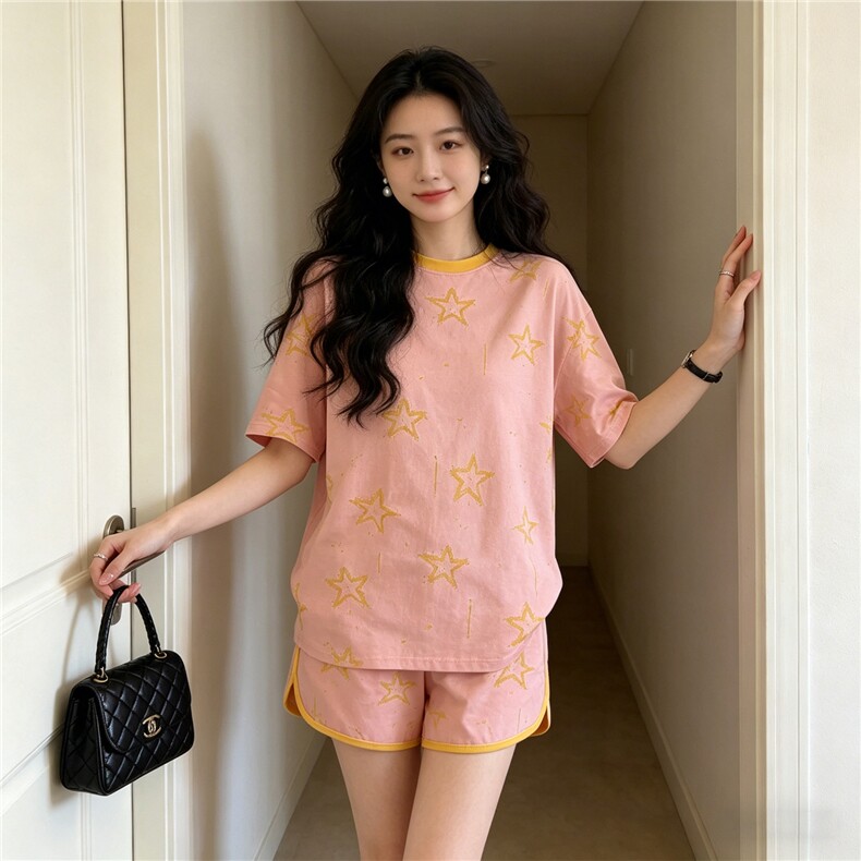 潮流时尚休闲运动套装女夏季新款印花圆领短袖上衣阔腿短裤两件套，女装套装/套裙，江南