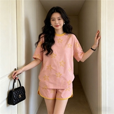 潮流时尚休闲运动套装女夏季新款印花圆领短袖上衣阔腿短裤两件套，女装套装/套裙，江南