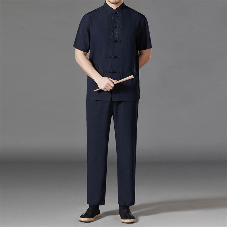 唐装太极服中式刺绣立领风短袖套装时尚爸爸装MJ7301-P73，男装民族服装，星座1105-3