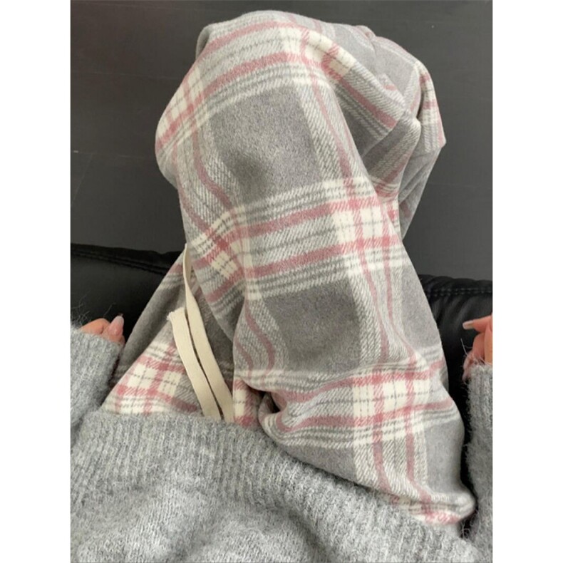 AK2492-P50灰色格子秋冬高腰垂感复古休闲直筒慵懒毛呢阔腿裤,女装休闲裤,星座617A-2
