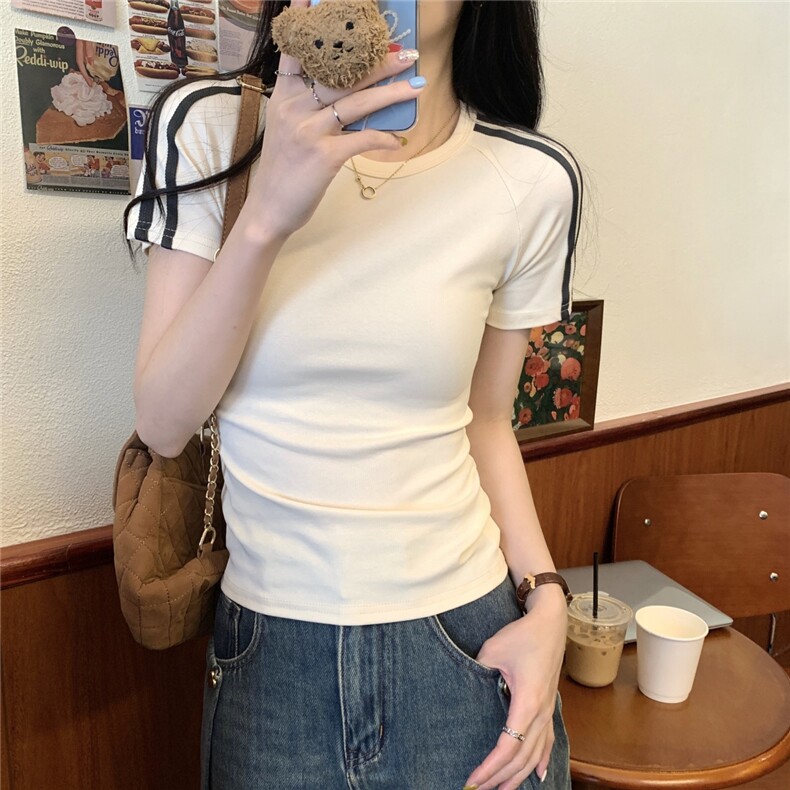ZT5960-P38复古条纹撞色t恤女夏季辣妹圆领修身显瘦短袖上衣,女装T恤,电商B245