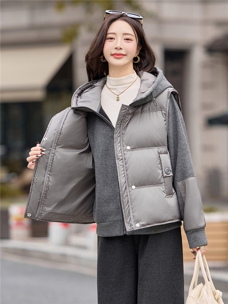 2025冬季新款两件套加绒连帽卫衣羽绒马甲保暖短款套装,女装羽绒服,深水步