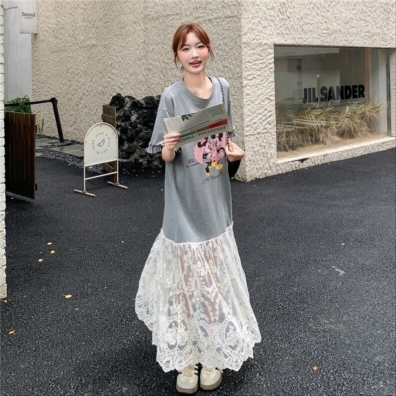 蕾丝拼接花边卡通灰色T恤连衣裙女夏2025新款休闲运动高级感长裙,女装连衣裙,2C236
