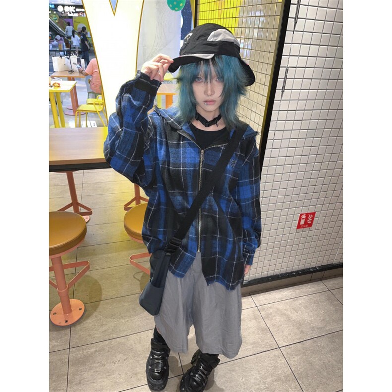 【有货】连帽格子衬衫男高级感痞帅美式拉链夹克外套C300CC-特P55,男装夹克,星座1007（原301D）