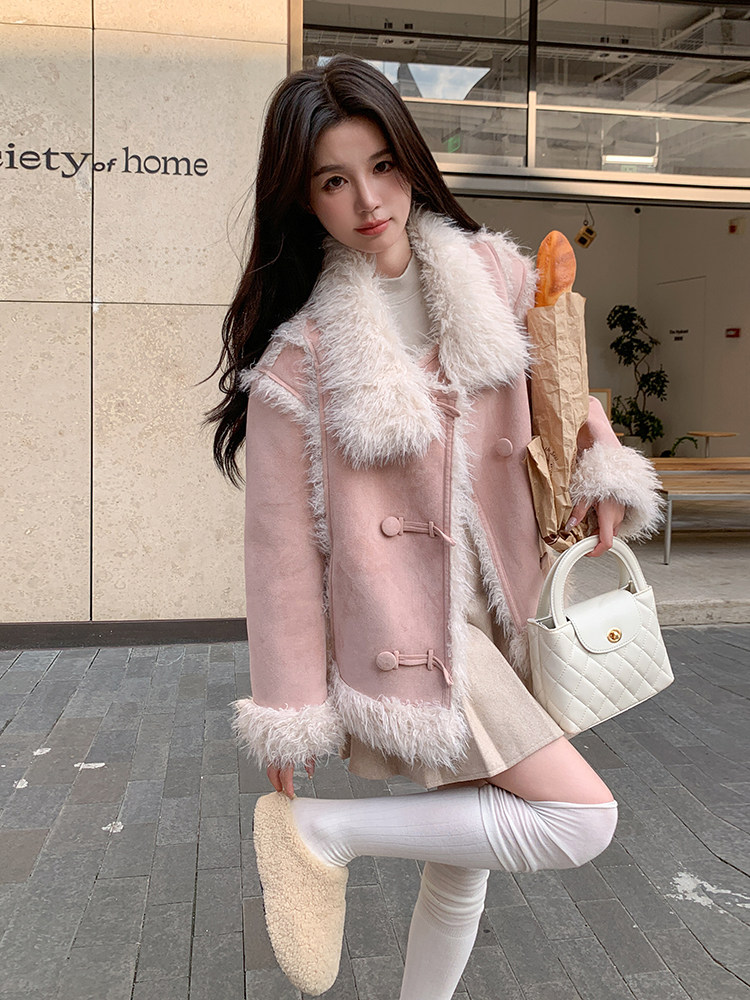 现货主推皮毛一体加厚粉色翻领210-6361-P195-K288公主风,女装羊羔毛/颗粒绒,韩蜜菓