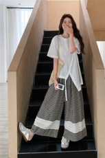 法式蕾丝拼接镂空衬衫裤子套装女2025新款夏季格子阔腿长裤两件套，女装套装/套裙，2C258