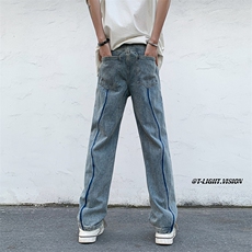 B221美式ins高街暗黑小众毛边破洞直筒牛仔裤LK23104-P65控88，男装牛仔裤，电商B221