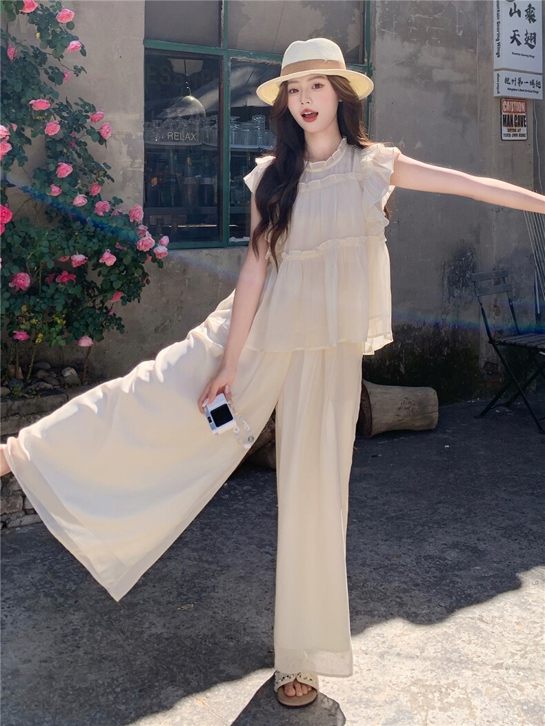 超仙时尚雪纺无袖木耳边套装女2026夏新款半透减龄阔腿裙裤两件套,女装套装/套裙,衣秀之家