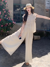 超仙时尚雪纺无袖木耳边套装女2026夏新款半透减龄阔腿裙裤两件套，女装套装/套裙，水衣源