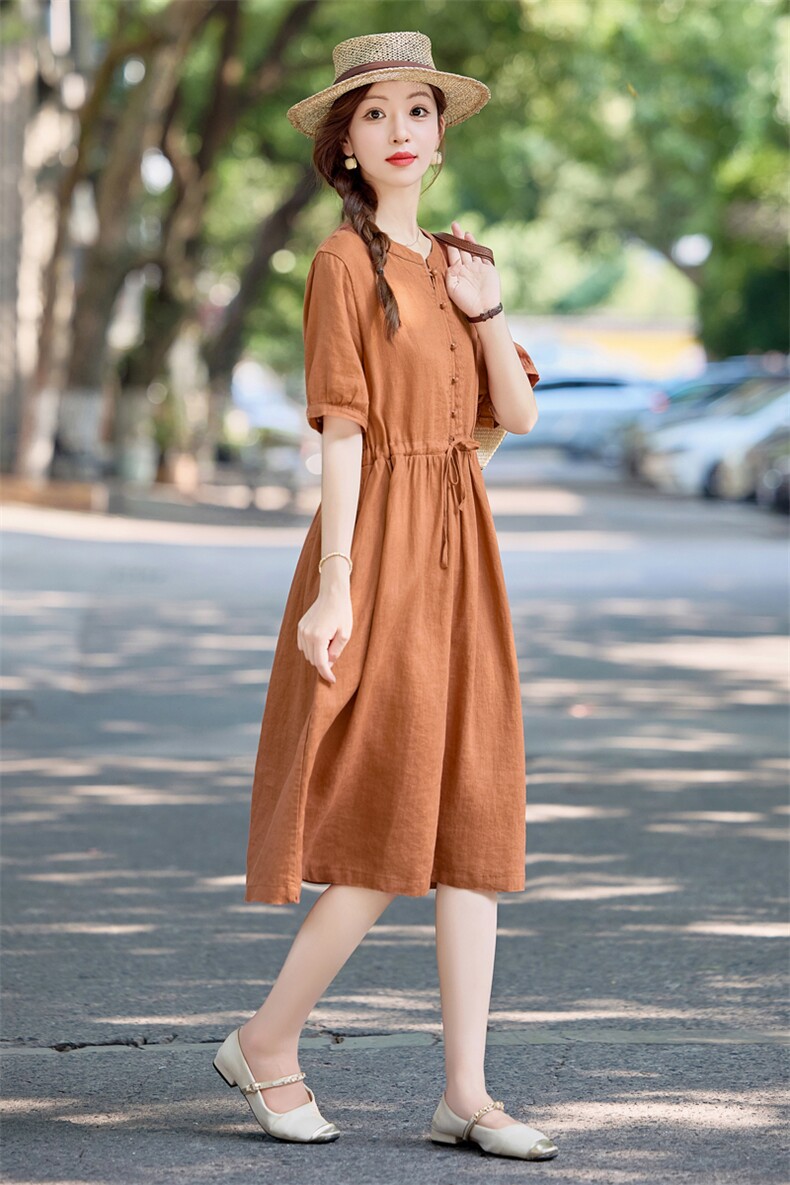 文艺风简约休闲纯色棉麻连衣裙女2025夏新款气质抽绳收腰显瘦裙子,女装连衣裙,依万里