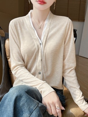 V领假两件开衫长袖气质百搭女，女装针织衫/毛衣，绒宛羊绒