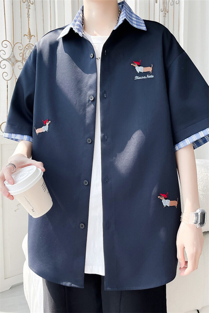格子拼接大码刺绣短袖衬衫男款夏季美式复古潮牌宽松格子痞帅T恤,男装衬衫,电商A022