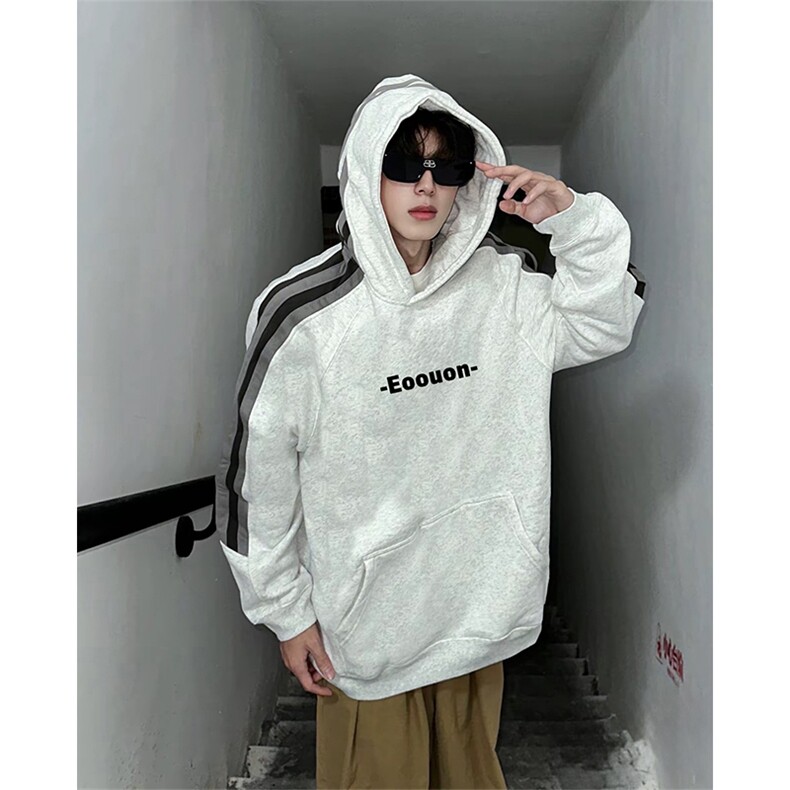 抖音得物美式休闲拼接织带撞色宽松潮连帽印花卫衣外套A1810，女装短外套，电商A443