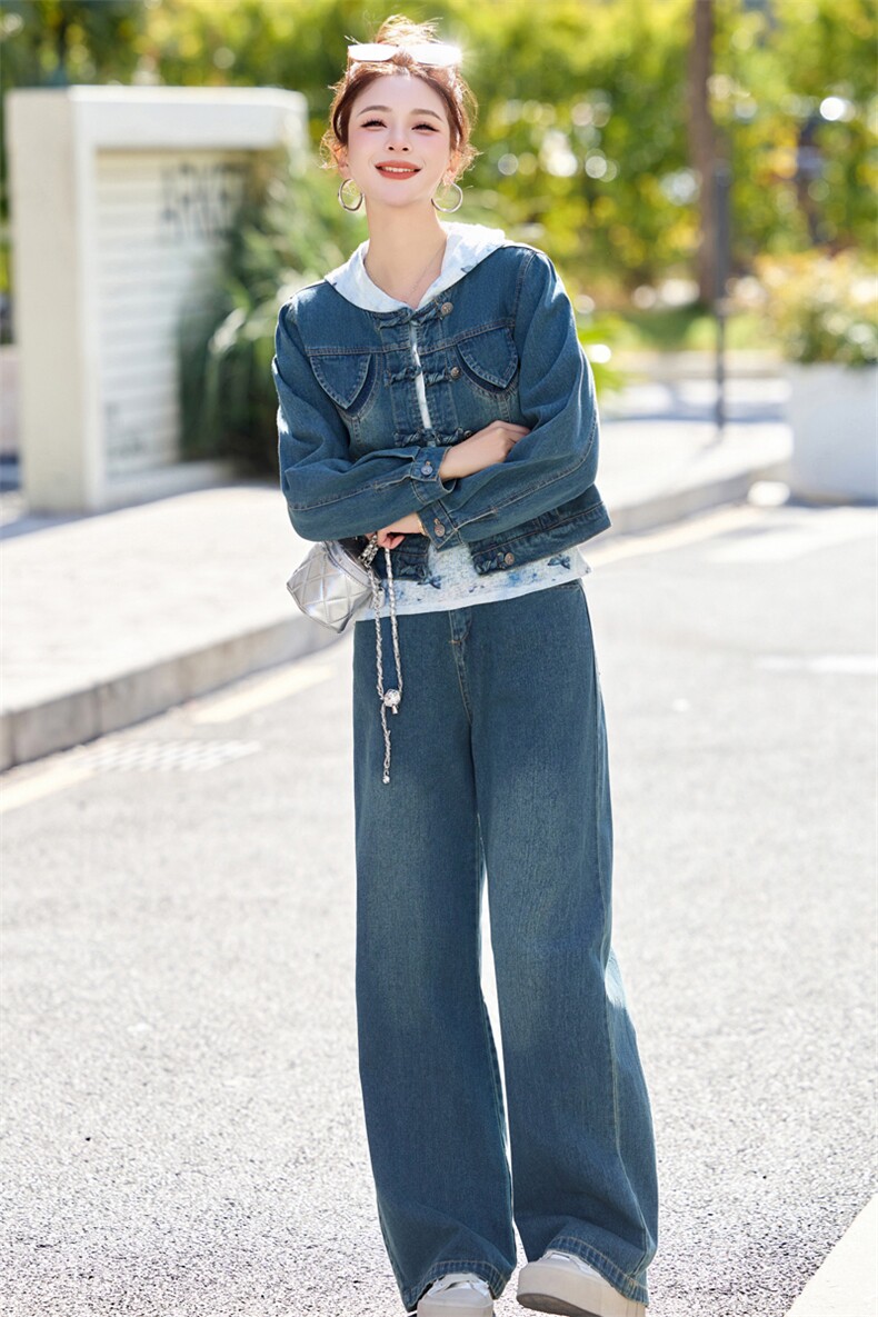 新中式牛仔套装女2025春新款小香风超火休闲减龄阔腿裤穿搭三件套,女装套装/套裙,欣品汇