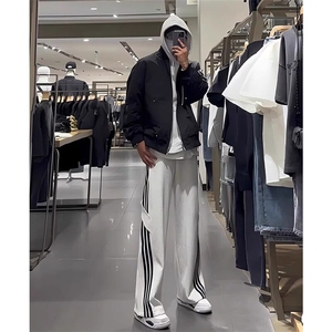 美式复古三条杠条纹裤子男春秋款花灰色卫裤直筒垂感阔腿休闲长裤图片