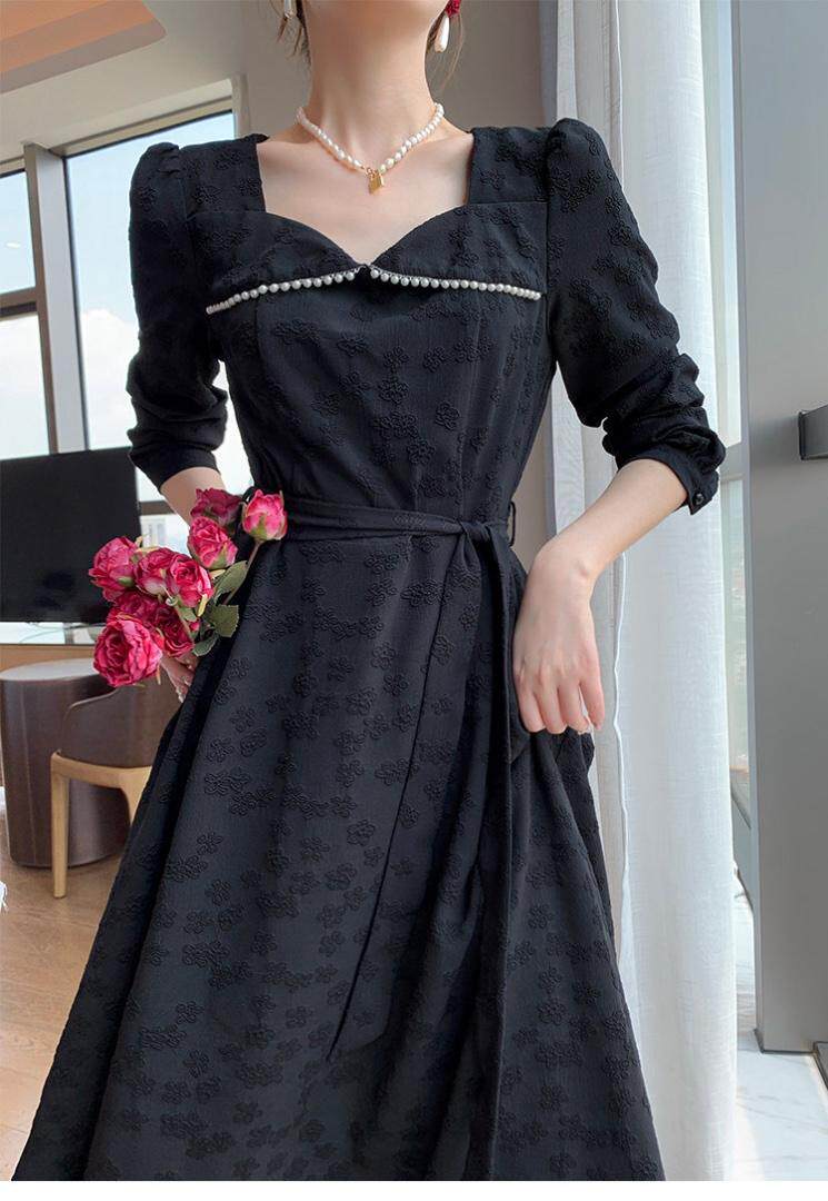 秋季新款韩版时尚修身淑女气质高雅珍珠领连衣裙，女装连衣裙，荷塘月色