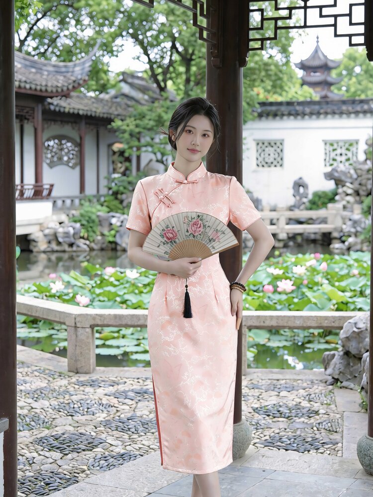 2026年夏季中长款旗袍短袖斜襟气质时尚喜庆修身显瘦弹力日常裙子,女装汉服/婚纱/旗袍/礼服,媚琳依坊