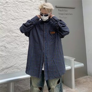 韩版复古小众长袖格子衬衫男ins潮牌街头氛围感宽松休闲衬衣服