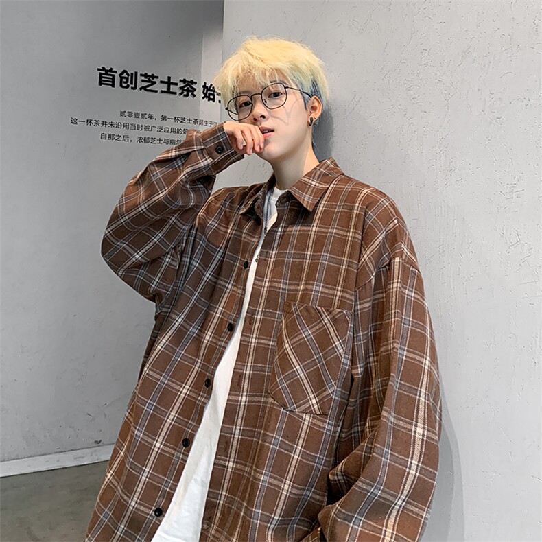 衬衣男秋季新款港风宽松大码磨毛格子长袖衬衫CS530-P38，男装衬衫，星座214-3