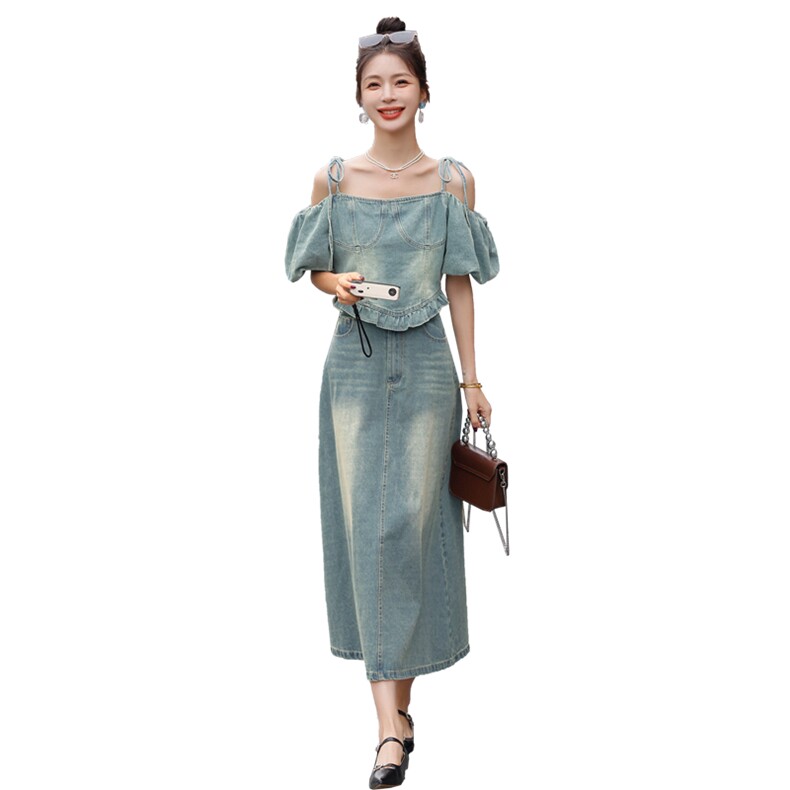 现货2023年夏季新款女装时尚气质显瘦高级炒洗风轻牛仔两件套,商品下架区,韩蜜菓