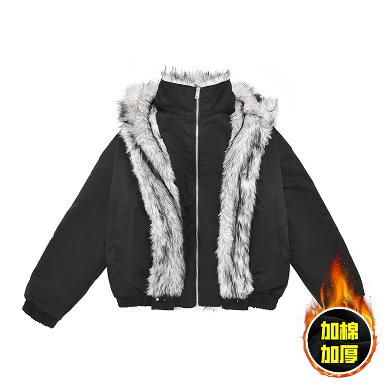 现货高品质美式高街重磅狼王座山雕毛毛领假两件棉衣加厚棉服外套，男装棉衣，电商A486