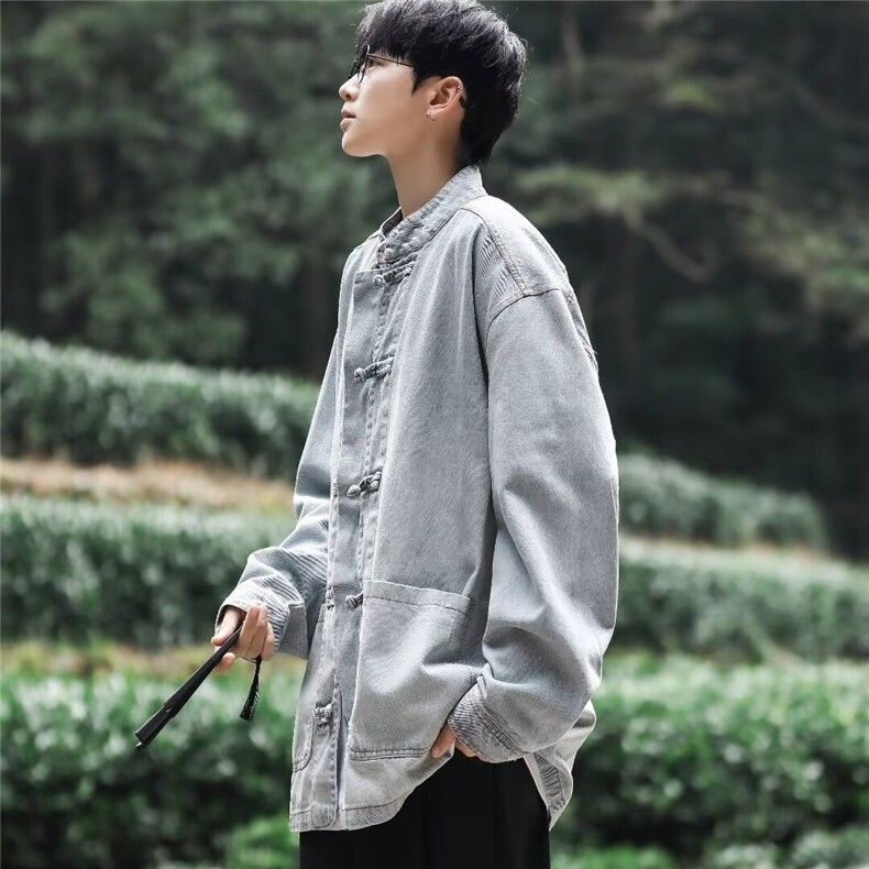 新中式潮渐变色牛仔夹克男士刮烂外套唐装盘扣褂子W5861-P75,男装夹克,星座412-3