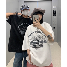 情侣装夏季新款美式复古麂皮绒机车印花圆领宽松半袖T恤D297P38，男装T恤，电商A335-1（原A458）